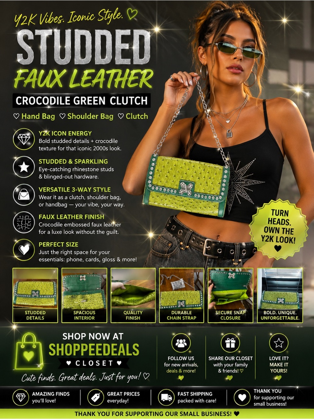 Studded Faux Leather Crocodile Green Clutch / Handbag / Shoulder Bag
